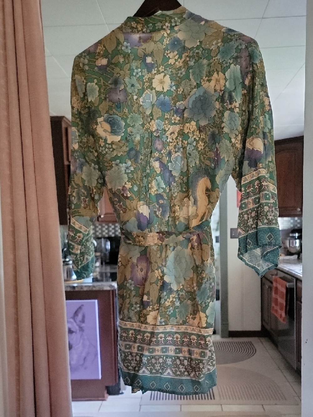 Blue Green Floral Satin Kimono Robe - Picture 3 of 3
